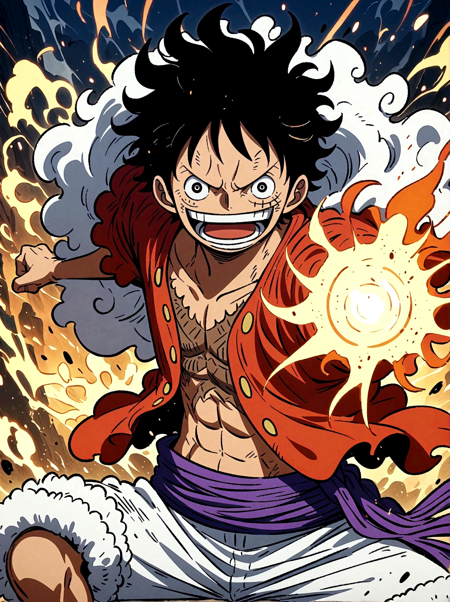 Create an exciting poster with Luffy from "one piece" em um ataque de raiva, wolf-headed. Capture the essence of his fiery determination and unyielding spirit as he unleashes his wrath on his enemies. Mantenha-o curto, ousado, e intenso para transmitir o poder bruto da raiva de Luffy, boy, anime