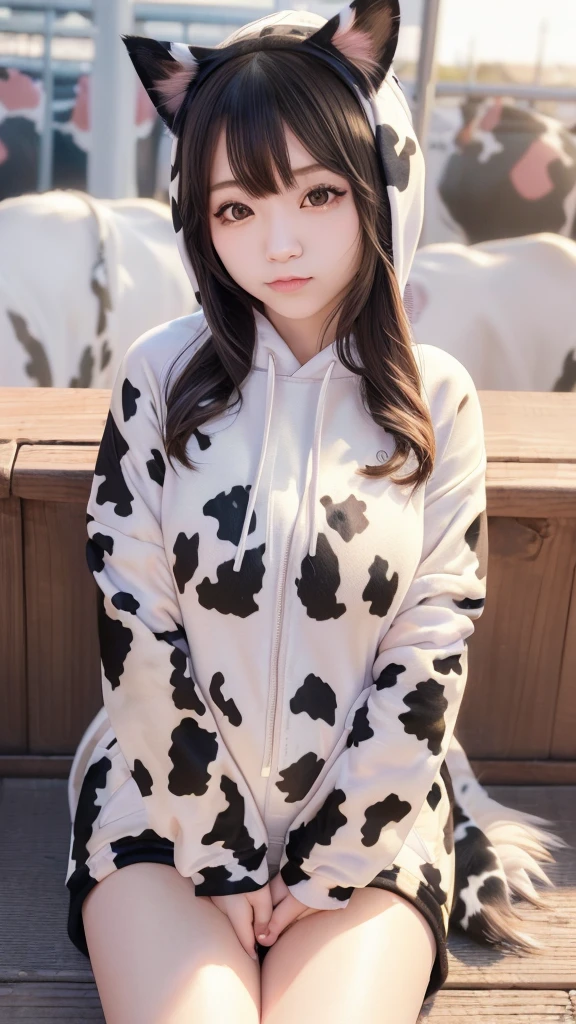 Masterpiece, bokeh, 4K, Beautiful high school girl, (Japanese idle:1.6), (cow pattern Hoodie:1.3), (Cat ears:1.3), (Big cows:1.6), sundown rooftop