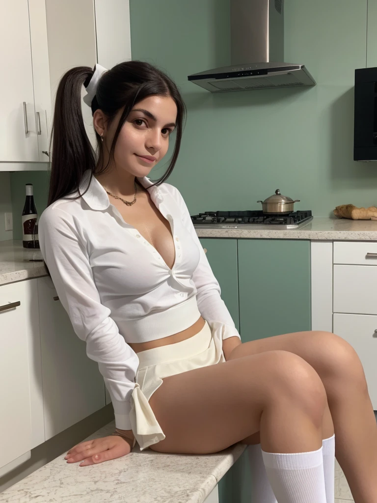 high quality, high resolution, 24 years old, Gabriela1, small breasts, a cup, black hair, bun hair, open unbottoned blouse, short skirt, white stockings, sitting in kitchen counter, open legs, shaved pussy