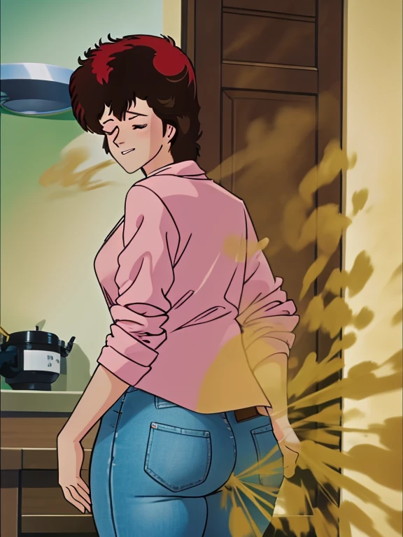 HD, high quality, high resolution, ultrahd,Kaori Makimura, 1female, wearing default outfit, light pink shirt, white coat, wearing coat over tshirt, jeans, default hair, brown hair, very tall body, thin body, massive fart, yellow smoke, velocity, closed eyes, leaning, viewing ass, embarrassed, smiling, clenching teeth, alone in a room, beautiful lighting, highlights