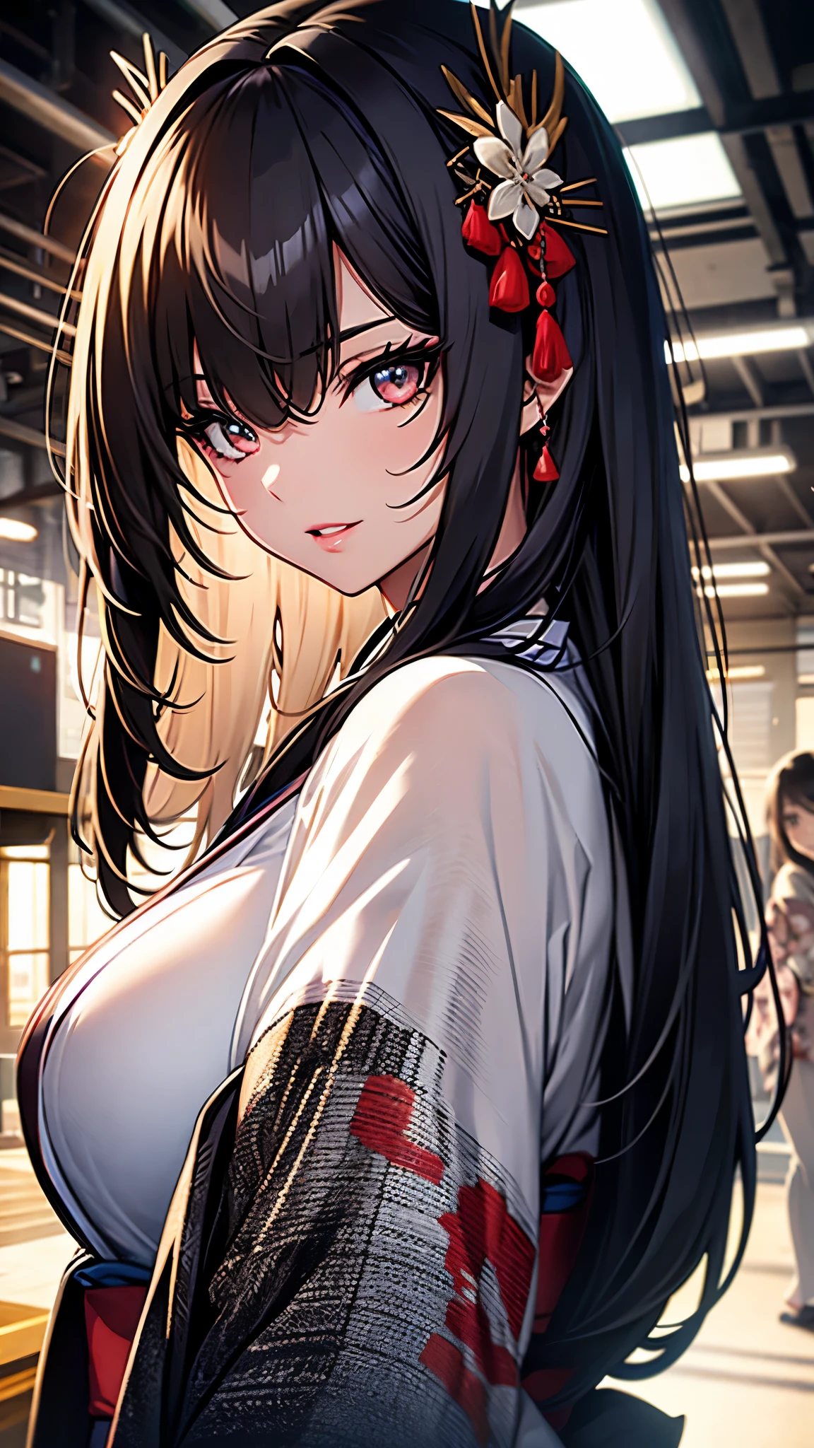 (1girl:1.3), Masterpiece, Best quality, amazing beauty, [[3D]], 4K, absurdres, finely detail, super detailed eye, perfect anatomy, official art, cinematic lighting, BREAK, sandy beach, silky long hair, silky straight hair, black hair, super shiny detailed black eye, big eyes, cute eyes, thick eyebrow, Looking at Viewer(camera), Looking Back, close -mouth, full lips, Eyeliner, False eyelashes, red lips, hairpin, happy face, BREAK , big breasts, tall, slender, glistening skin, arms behind back, face close-up,  from front, BREAK , , BREAK,(kimono:1.3)