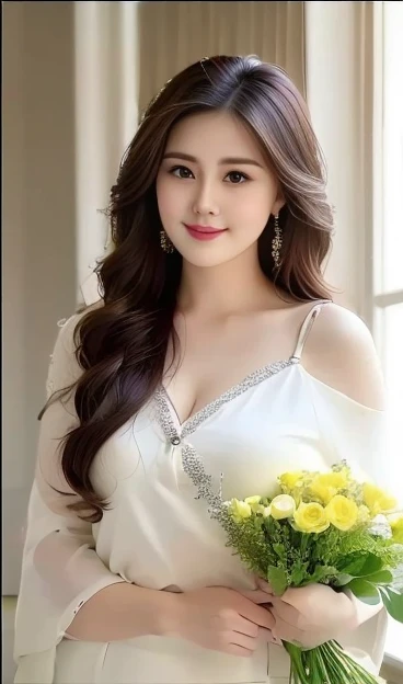 ((top quality、8k、masterpiece:1.3))、sharp focus, High level of image quality, high resolution，Draw lips correctly, red lipstick, from chest up, best quality, Super detailed, lifelike, Super fine skin, perfect anatomy, (Chinese women), (alone)Wear a floral green shirt，Buttons clearly visible，The buttons are all buttoned，white pants，。40 year old female，adult，charming smile，Chubby face，Round cheeks， ，Fat face，Chubby round face，big eyes，wavy long hair，Big breasts，Chubby body，，Leg length，stand，stand up，beach background