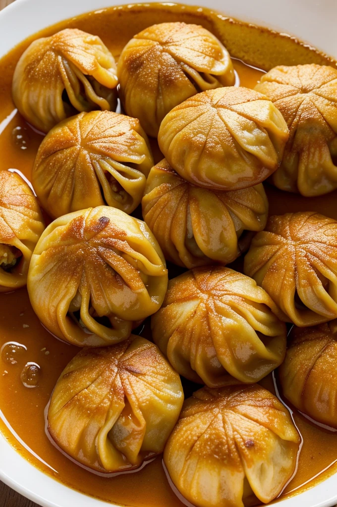 Capture a close-up shot of fried momos, highlighting their uniform golden color and crispy texture. The momos should be arranged neatly with no garnishes or additional elements, allowing the focus to be solely on their appearance. Use a simple, neutral background to ensure the attention remains on the momos."