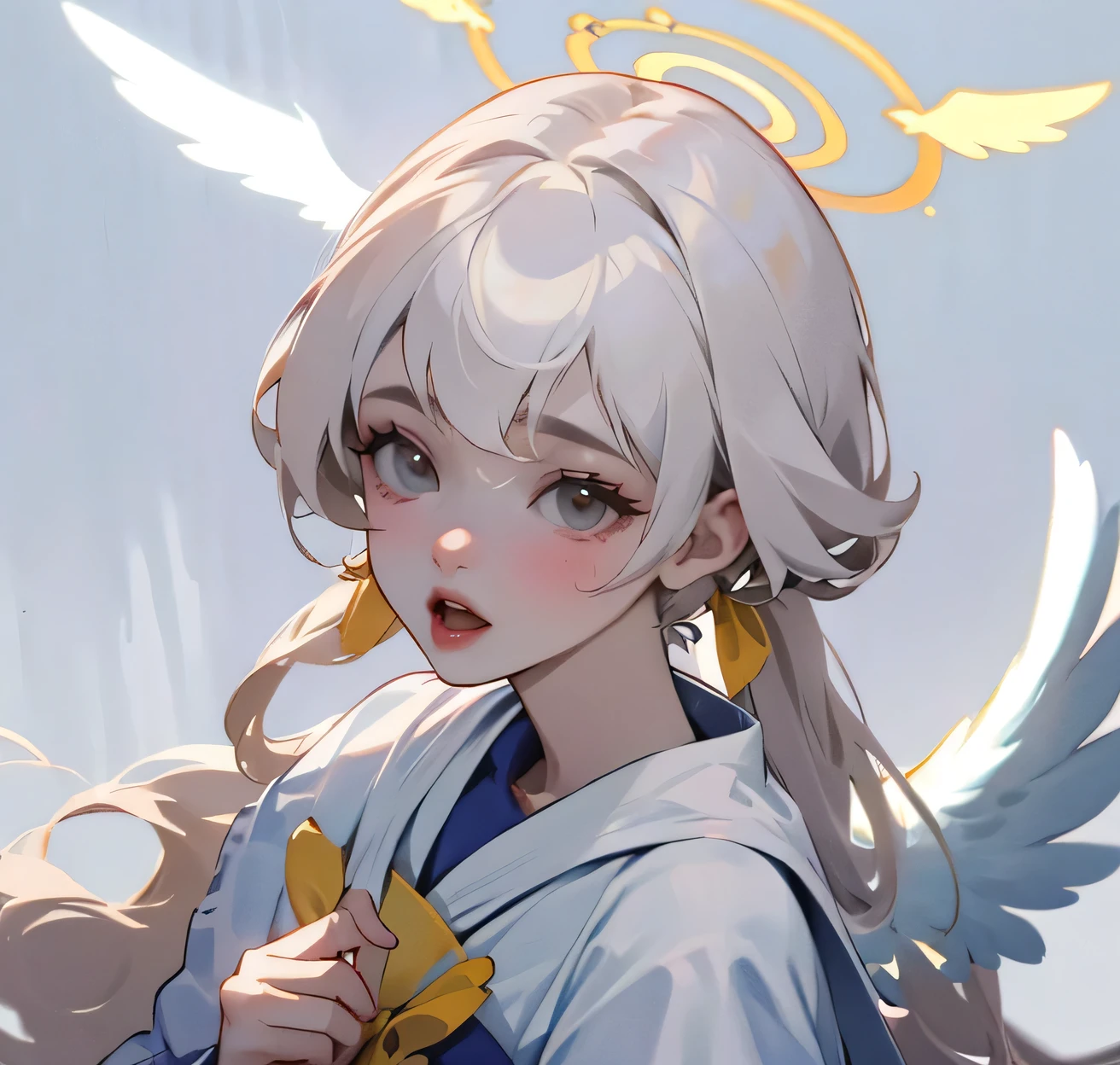 (alta calidad) (mejor calidad) (una mujer) (fisonomia correcta) Mujer, cabello blanco con flequillo sobre la frente, four little angel wings coming out of his head, dos de lado izquierdo y dos de lado derecho, dos alas de angel saliendo de su espalda, un halo dorado detras de su cabeza, ojos dorados, labios tiernos, edad mediana, vestido blanco con tirantes sobre los hombros corte de la falda en diagonal dejando una pierna expuesta, ubicacion de la foto la mujer debe de estar en medio del bosque, iluminacion de la foto luz de sol.