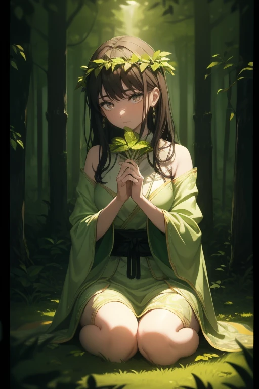 Name: Lysandra
Element: Verdanthia
Description: The Forest Whisperer, a gentle and ancient being born from the heart of the forest. Lysandra's wisdom and connection to nature allows her to communicate with the ancient trees and creatures of the forest.
Prompt: 1girl, 2 backgrounds (forest, sunset), serene, soft smile, (hands on knees), sitting on tree root, (leafy green robe), intricate leaf patterns on face paint, (brown eyes), (softly glowing leaves behind her), verdant foliage, leaves rustling in the wind, warm and cozy lighting