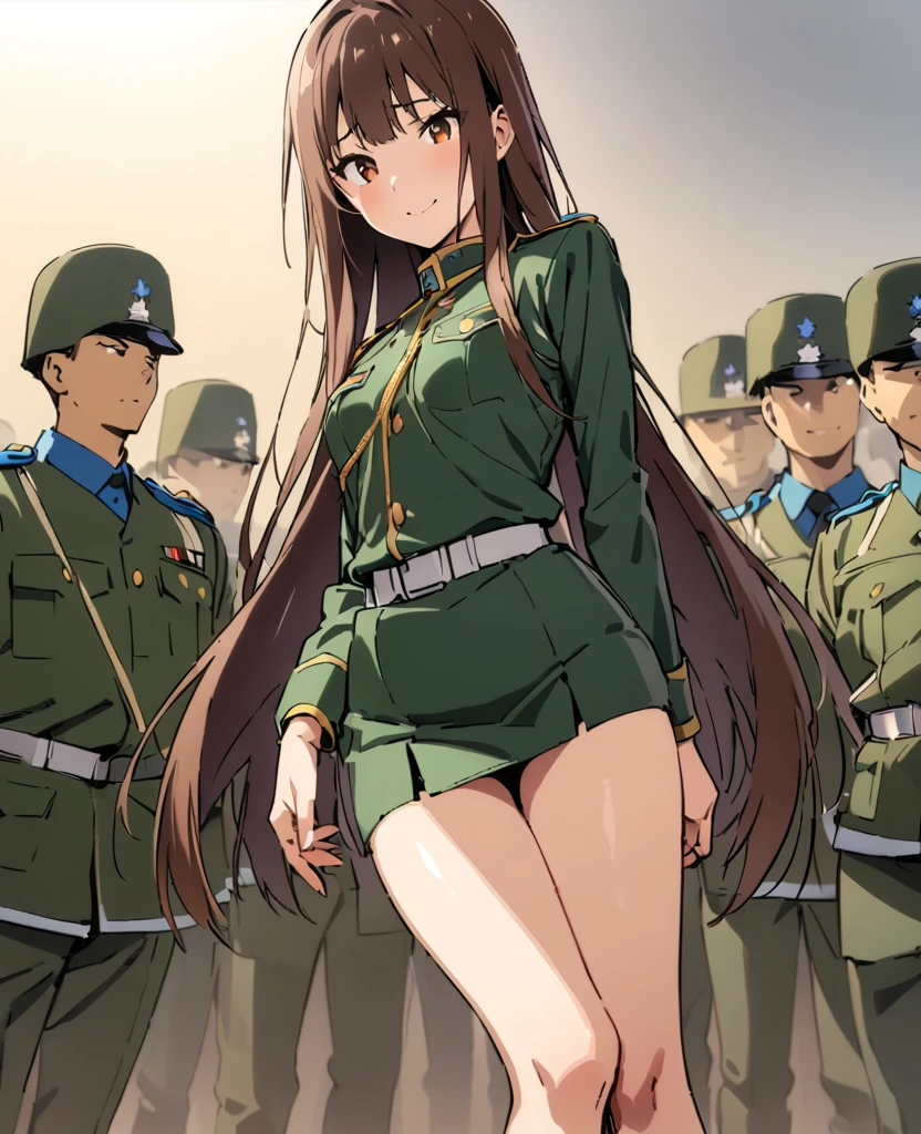 (((masterpiece, highest quality:1.5,absurdres))),25 year old beauty,solo,((very small head)),long hair,bangs,dark brown hair,brown eyes,shy,smile,medium breasts,((very long body)),((toned body:1.2,slender body)),skinny,gleaming skin,shiny skin,((Army infantry uniform、saber、Tight mini skirt)),army base、Japan in the Taisho Period、Takeda Hiromitsu style,