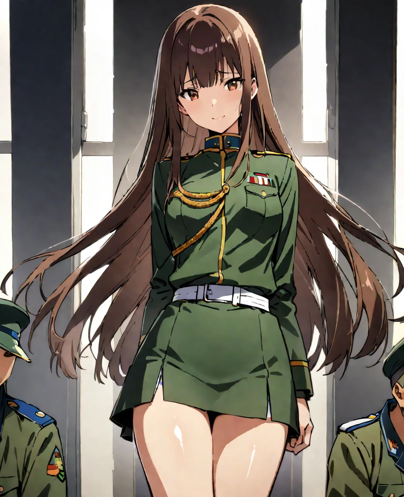 (((masterpiece, highest quality:1.5,absurdres))),25 year old beauty,solo,((very small head)),long hair,bangs,dark brown hair,brown eyes,shy,smile,medium breasts,((very long body)),((toned body:1.2,slender body)),skinny,gleaming skin,shiny skin,((Army infantry uniform、saber、Tight mini skirt)),army base、Japan in the Taisho Period、Takeda Hiromitsu style,