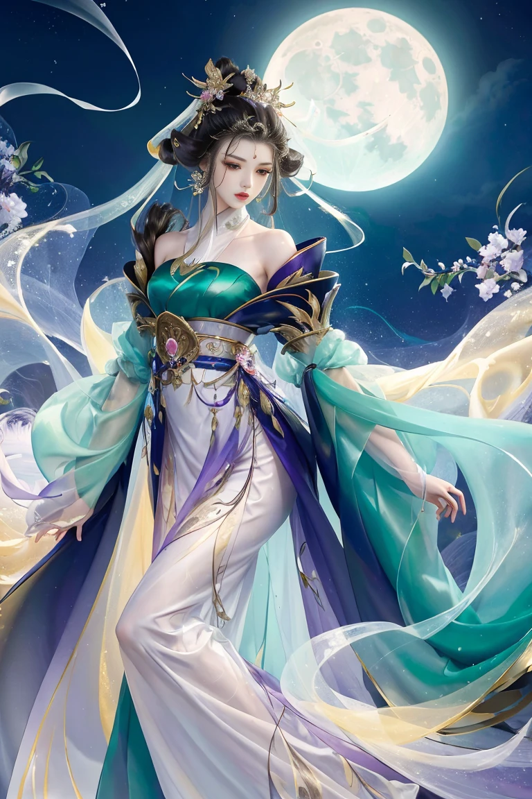 tmasterpiece, Best quality, 1 Beautiful woman, game fairy，full bodyesbian，clean clothing，Clean face，Ancient Chinese green clothing, Hanfu, floating, Flowing tulle，flowing sleeve dress，starrysky, themoon, foggy part, cloud, exquisite facial features, beauitful face, beautidful eyes, Epic work, Cinema lenses