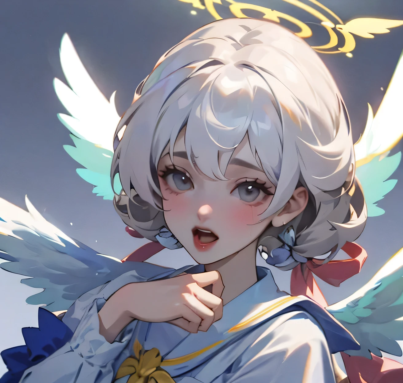 (alta calidad) (mejor calidad) (una mujer) (fisonomia correcta) Mujer, cabello blanco con flequillo sobre la frente, four little angel wings coming out of his head, dos de lado izquierdo y dos de lado derecho, dos alas de angel saliendo de su espalda, un halo dorado detras de su cabeza, ojos dorados, labios tiernos, edad mediana, vestido blanco con tirantes sobre los hombros corte de la falda en diagonal dejando una pierna expuesta, ubicacion de la foto la mujer debe de estar en medio del bosque, iluminacion de la foto luz de sol.
