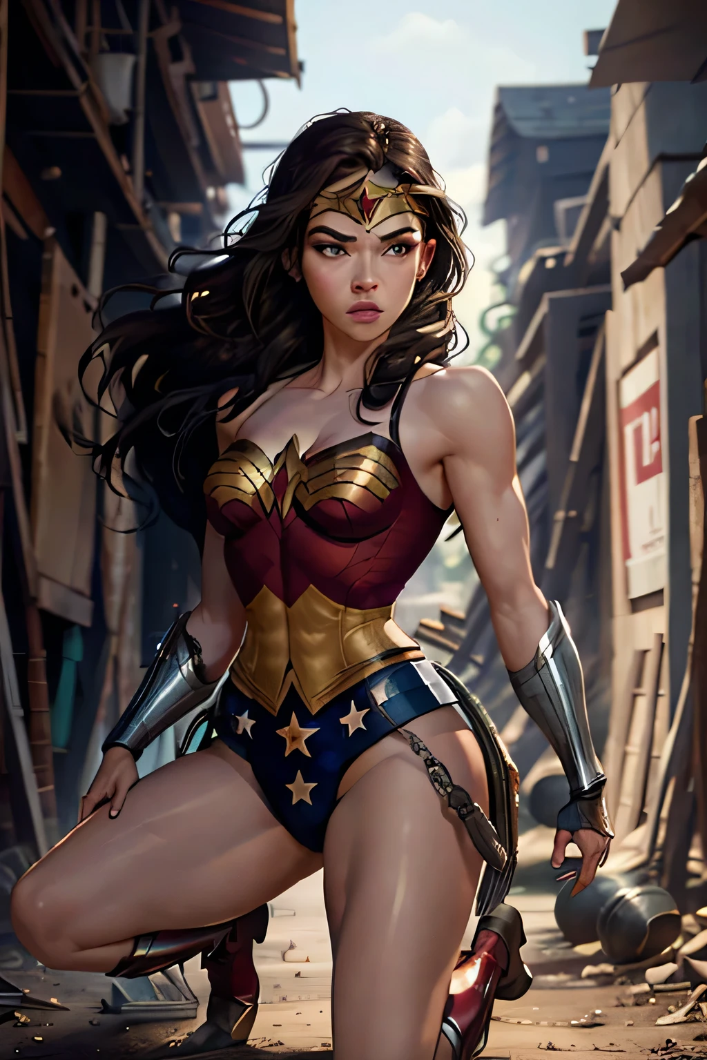 PhotoRealistic Art Style Best Qualit:1.3, Natural Beauty, Masterpiece, Full Body View Visible, Hailee Steinfeld, Perfectly Accurate Face Proportion,Realistic Light Hazel Brown Eyes, Thick Eyebrows, Brown hair, slim toned Thighs, tight ass, perky round breast , slim athletic body type, perfect body type, wonder woman, Poised for Action: In a slightly bent-knee stance, the tight suit accentuates Wonder Woman's buttocks and the curve of her lower back. Her readiness for action is highlighted by the form-fitting fabric clinging to her powerful frame.