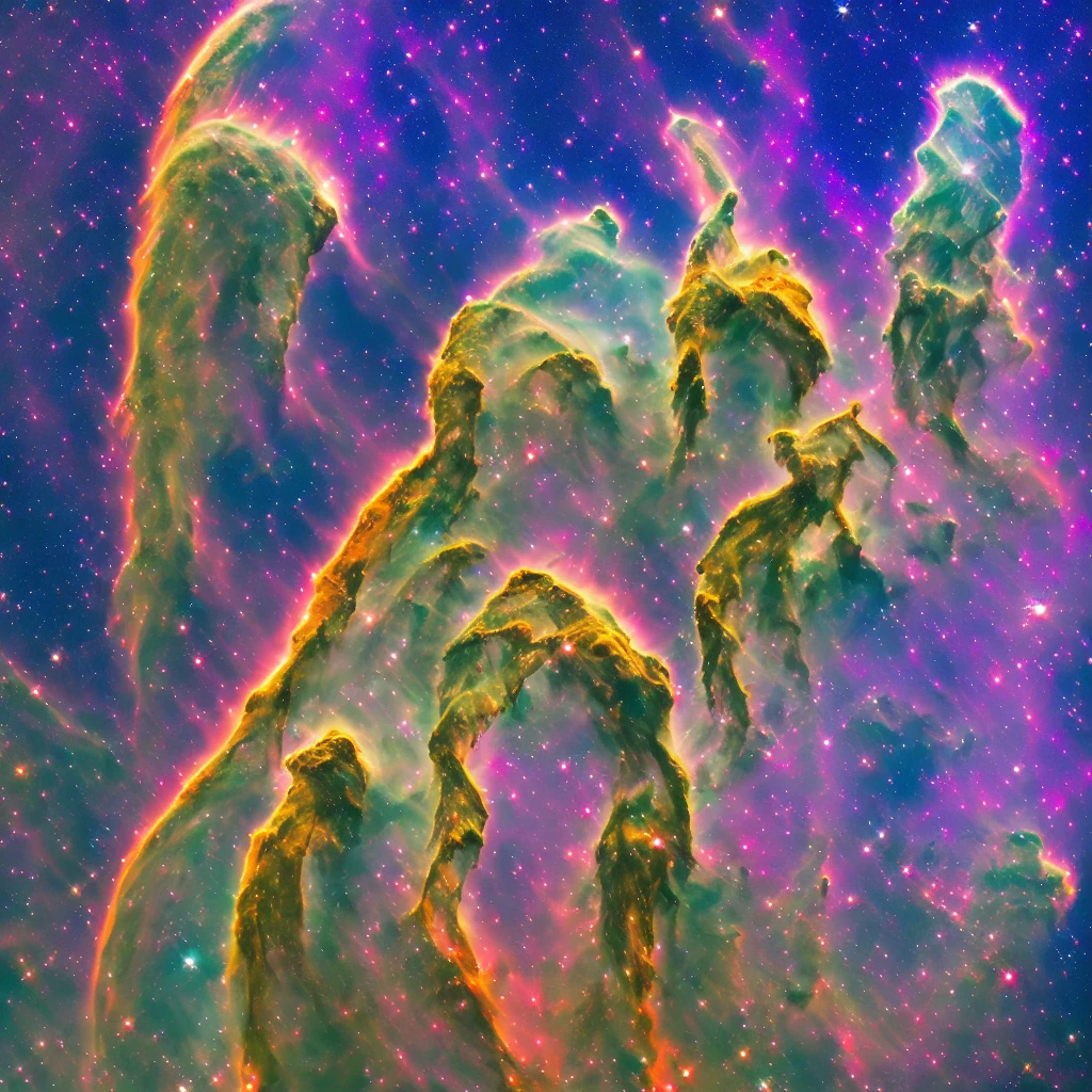 Colorful space nebula photo, Very detailedな, Vibrant colors, Realistic, cloudy, It was foggy, (Blue Yellow Red Purple Yellow Green Black:2.0), Professional photography, Dynamic Light, Photorealistic, hyperRealistic, Very detailed, High detail, Realistic shadows and highlights, Photo Quality, Sharp Edges, High resolution, high quality, professional camera, Natural light, Depth of written boundary, Image clarity, Sharp focus,(Bright primary colors:1.5),flashy,explosion.(explosion:1.4),Milky Way,The nebula spreads in all directions