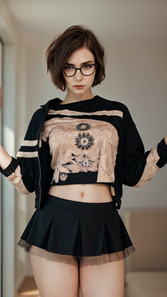 A short-haired girl, red shirt, black skirt, detailed face, beautiful eyes, mature and serious expression, alone, indoor setting, natural lighting, photorealistic, 8k, high quality, detailed skin, detailed clothing, realistic, intricate details, sharp focus, warm color tones, soft shadows, elegant composition, glasses.