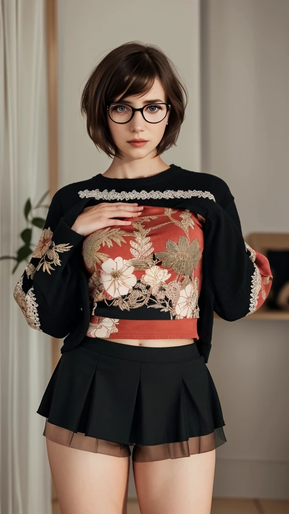 A short-haired girl, red shirt, black skirt, detailed face, beautiful eyes, mature and serious expression, alone, indoor setting, natural lighting, photorealistic, 8k, high quality, detailed skin, detailed clothing, realistic, intricate details, sharp focus, warm color tones, soft shadows, elegant composition, glasses.