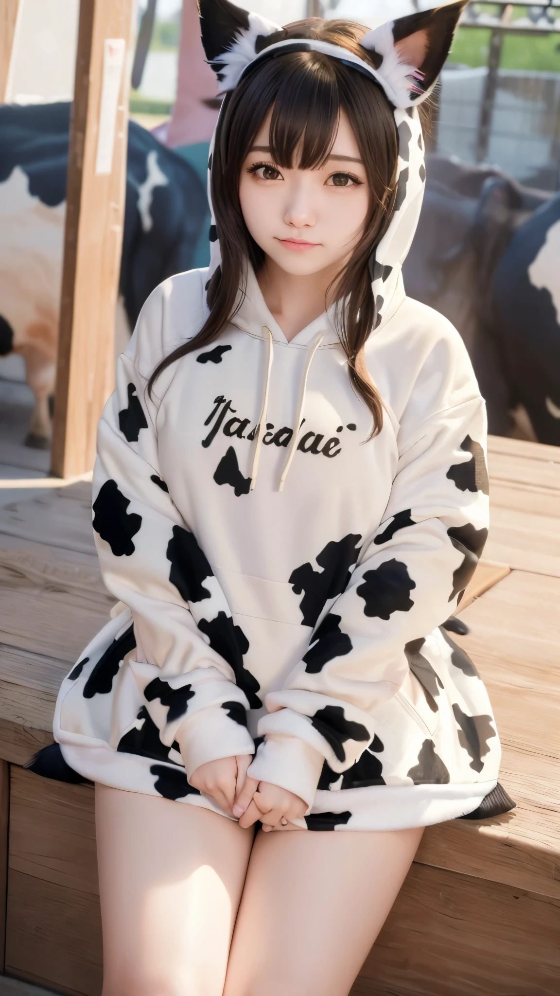 Masterpiece, bokeh, 4K, Beautiful high school girl, (Japanese idle:1.6), (cow pattern Hoodie:1.3), (Cat ears:1.3), (Big cows:1.6), sundown rooftop