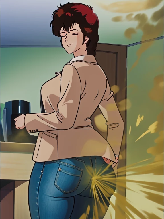 HD, high quality, high resolution, ultrahd,Kaori Makimura, 1female, wearing default outfit, light pink shirt, white coat, wearing coat over tshirt, jeans, default hair, brown hair, very tall body, thin body, massive fart, yellow smoke, velocity, closed eyes, leaning, viewing ass, embarrassed, smiling, clenching teeth, alone in a room, beautiful lighting, highlights