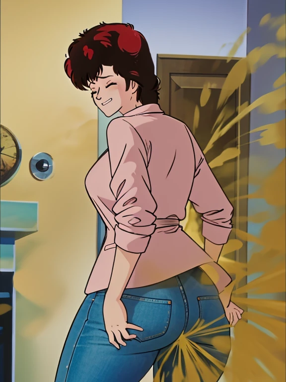 HD, high quality, high resolution, ultrahd,Kaori Makimura, 1female, wearing default outfit, light pink shirt, white coat, wearing coat over tshirt, jeans, default hair, brown hair, very tall body, thin body, massive fart, yellow smoke, velocity, closed eyes, leaning, viewing ass, embarrassed, smiling, clenching teeth, alone in a room, beautiful lighting, highlights