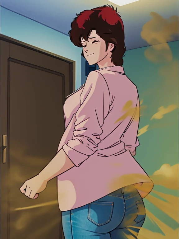HD, high quality, high resolution, ultrahd,Kaori Makimura, 1female, wearing default outfit, light pink shirt, white coat, wearing coat over tshirt, jeans, default hair, brown hair, very tall body, thin body, massive fart, yellow smoke, velocity, closed eyes, leaning, viewing ass, embarrassed, smiling, clenching teeth, alone in a room, beautiful lighting, highlights
