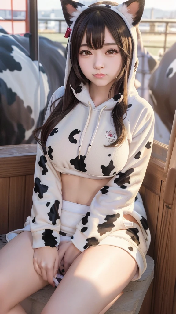 Masterpiece, bokeh, 4K, Beautiful high school girl, (Japanese idle:1.6), (cow pattern Hoodie:1.3), (Cat ears:1.3), (Big cows:1.6), sundown rooftop