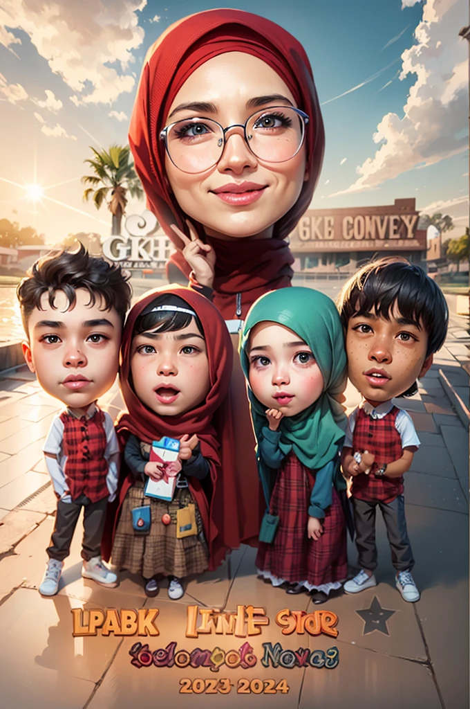 cartoon of a hijab woman with Two white hijab girls and 2 boys, wearing uniforms, Maroon checkered children's uniform, caricature illustration, digital art cartoon, caricature style, in cartoon style, cartoon artstyle, caricature, cartoon digital art, inspired by JoWOnder, cartoon portrait, potrait, caricature!!!, teacher, by Abidin Dino, inspired by Nil Gleyen, cartoon digital painting, full protrait