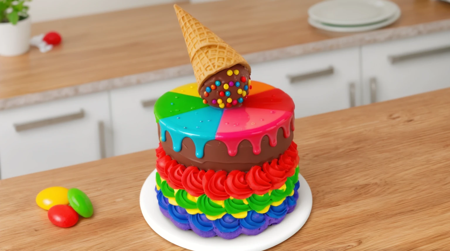 on a wooden table, there is a white plate with cake. chocolate cake with colorful cream. multi-colored cream with drips. waffle cone with chocolate ice cream on the cake.  There are dragee candies on the table. kitchen in the background, bright lighting, Beautiful light from the window, High quality, a high resolution, realistic style, detailed textures, beautiful light source, ultra hd 4k. macro photography. beautiful Foto 