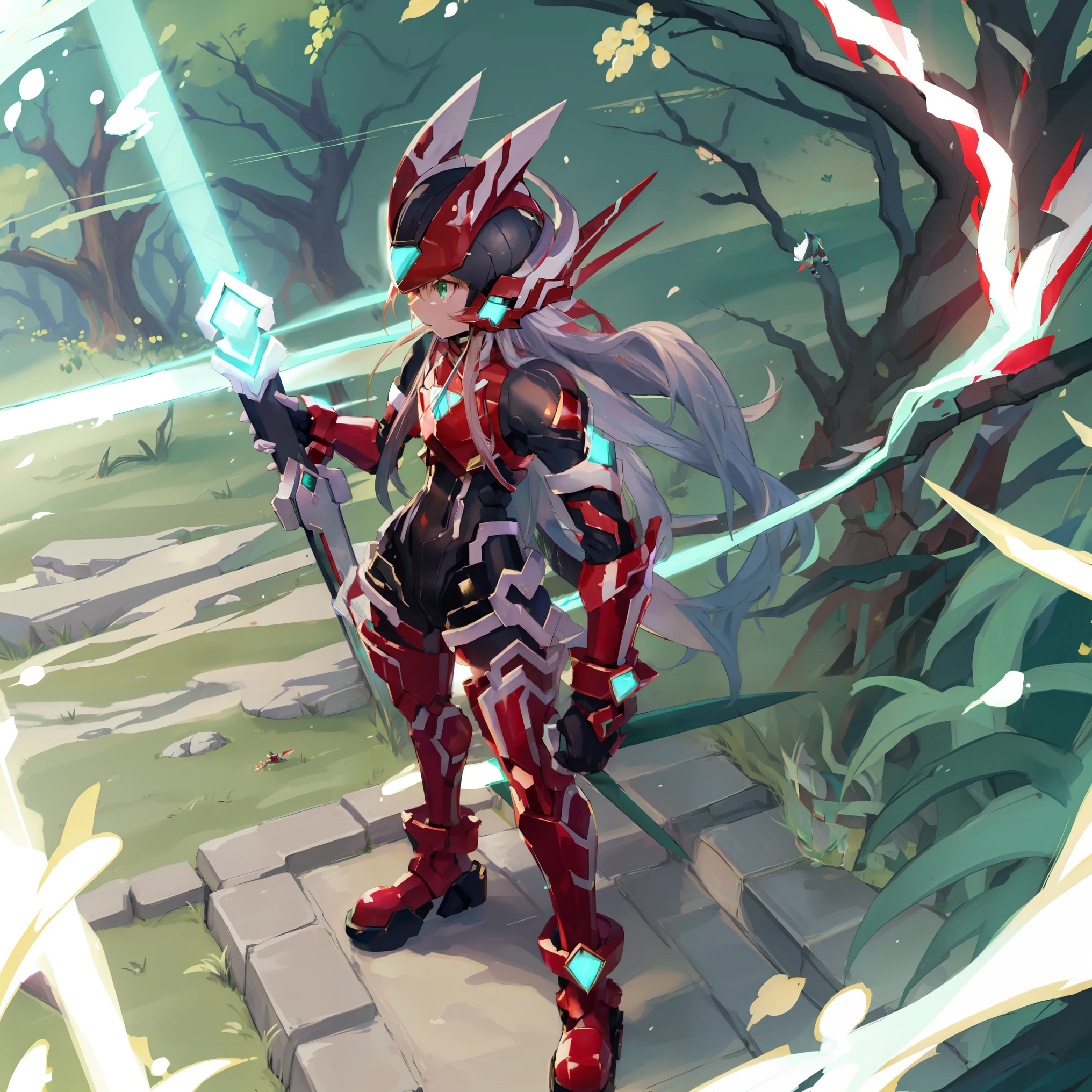 megzeromyth2023, 1boy, long white hair, red armor, green energy sword, high quality, masterpiece, standing with green flames coming from a tree