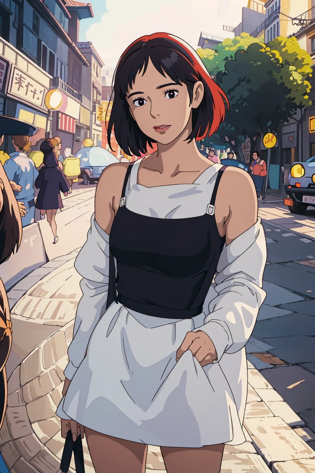 A woman wearing a white dress and a black suspender poses for a photo, Beautiful Latin face, Ghibli style, ((masterpiece)),((best quality)),(detailed),illustration,8K,rich and colorful, High contrast