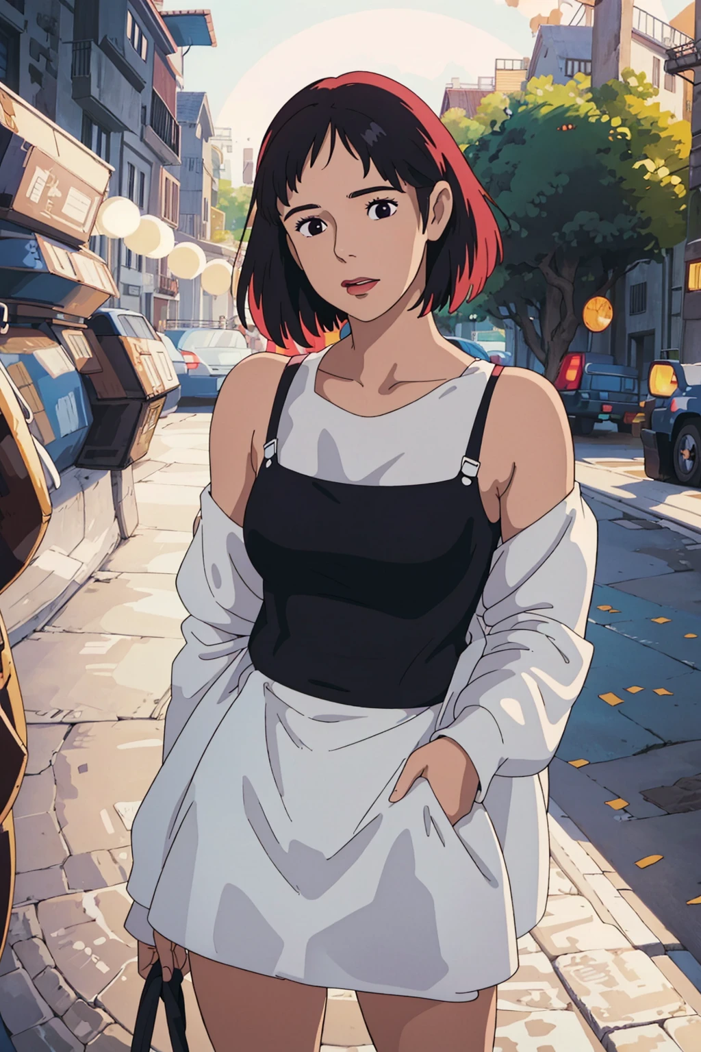 A woman wearing a white dress and a black suspender poses for a photo, Beautiful Latin face, Ghibli style, ((masterpiece)),((best quality)),(detailed),illustration,8K,rich and colorful, High contrast