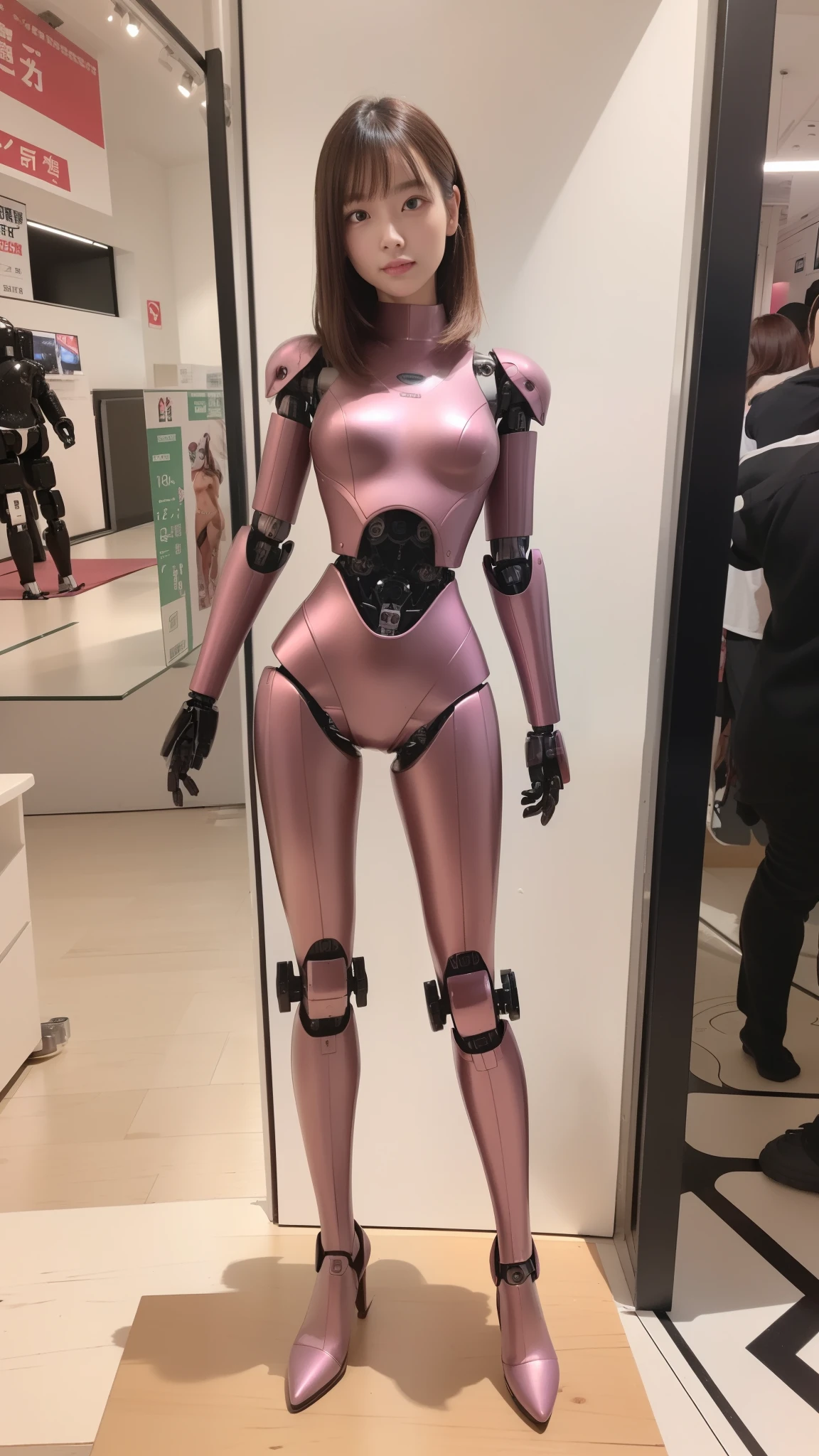 (Photorealsitic:1.4)、one robot woman、(top-quality)、(hyperdetailed face)、(Super well-formed face)、(Robot Parts)、(Female-Robot)、(25 years-old)、(pink)、(Burgundy)、(metallic)、(full-body)、(sexy pose)、(Slender body)、(Model body type)、(full body mech)、(Akihabara)、(is looking at the camera)、(A brown-haired)、(Well-proportioned body)、(a small face)、(a small head)、(well-groomed fingers)、(Idol)、(front facing)、(Standing with legs open)、(Photo session)、(Looks sad)、(perfect-female-robot)、(perfect-mechanical-body)