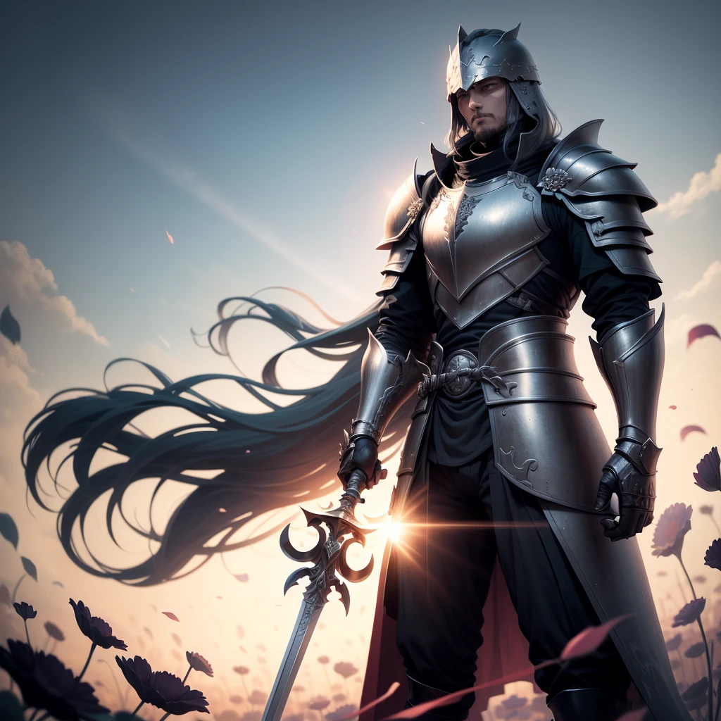 Describe a scene where a knight, clad in full black armor, stands in the middle of a vast flower field. The knight has just thrust his large, two-handed sword into the ground. The field is filled with a variety of colorful flowers, and the sky above is clear with the sun shining brightly. The knight's armor reflects the sunlight, creating a stark contrast with the vibrant flowers around him. His stance is strong and resolute, and the atmosphere is a mix of serenity and tension.