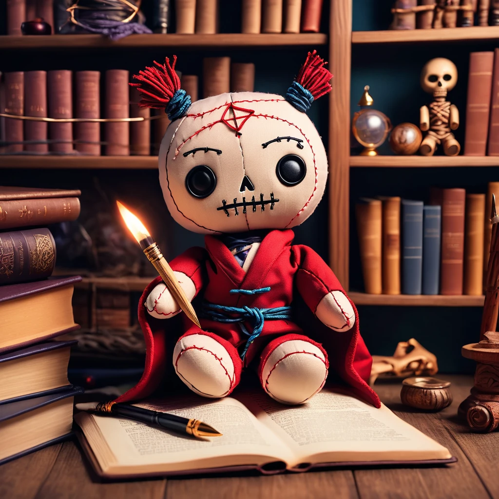 (knitted toy voodoo doll: 1.8), (against the background of a cozy office with shelves filled with books and magical artifacts: 1.5), in a robe, sits at a table with a pen and a scroll on which the rules are written, magical sparks around, light humor in the facial expression, an instructive hand gesture, a pointer in his hand,