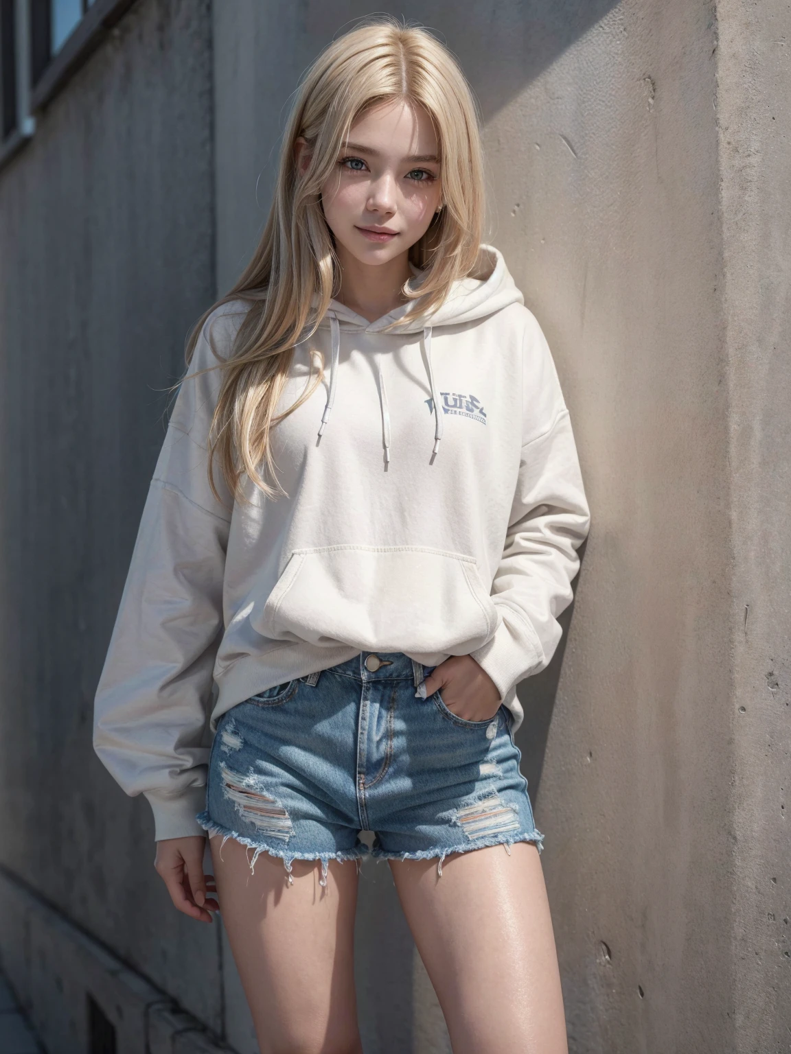 Sexy Western female student, sporty posture, mid-length blond hair, minimal makeup, university hoodie, tight denim shorts, knee-high socks, sneakers,youthful, standing, leaning against a wall, confident smile, soft ambient lighting, clear skin texture, casual and trendy,Detailed face,detailed eyes,detailed nose,detailed mouth,((UHD,masterpiece,super detail,award winning:1.4,best quality:1.2,highres,high quality)),