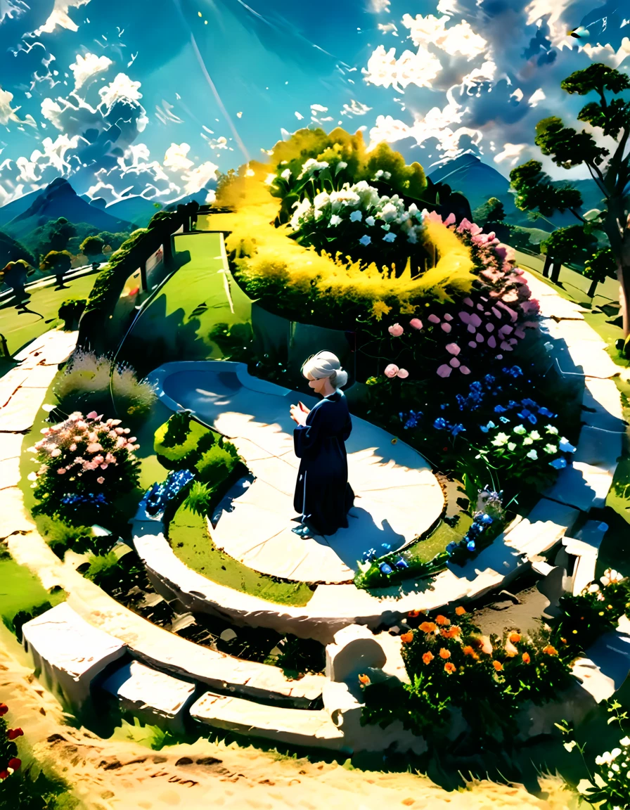 A flower field　One grave in the center　A silver-haired woman prays alone　Back view　Sunny skies