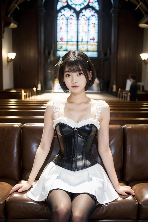 masterpiece, 1 beautiful girl, best quality, 超high resolution, (Reality: 1.4), original photo, movie lighting, Japan, asian beauty, Super beautiful, Beautiful skin, Thin, (超Reality的な), (high resolution), (8K), (Very detailed), (Best Illustration), (beautiful thin eyes), (Super detailed) , Delicate face, Looking at the audience, Direct vision, (Lemon dress,Leather Corset Dress) , short hair, Black Hair, 46 points side bangs, A white church, Neat atmosphere,mini skirt,Garter belt,sit,Open your legs