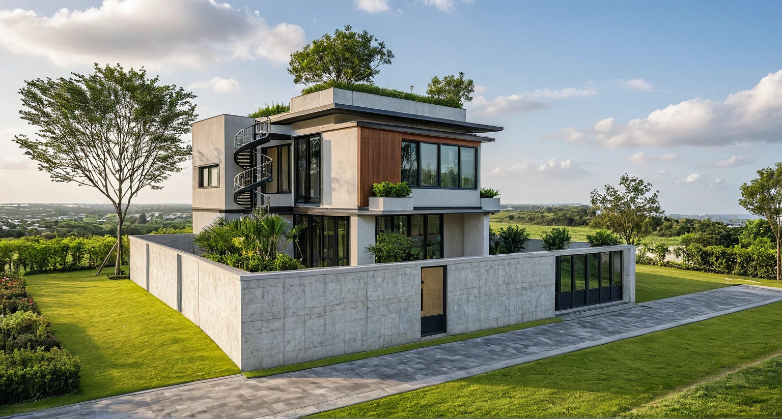 Masterpiece, high quality, best quality, authentic, super detail, outdoors, onestoreyofficeXL, aiaigroup, villa style modern on the garden ,stairs, white wall , road,pavement, grass, trees, sky, cloud, (daylight:1.1), random style color exterior