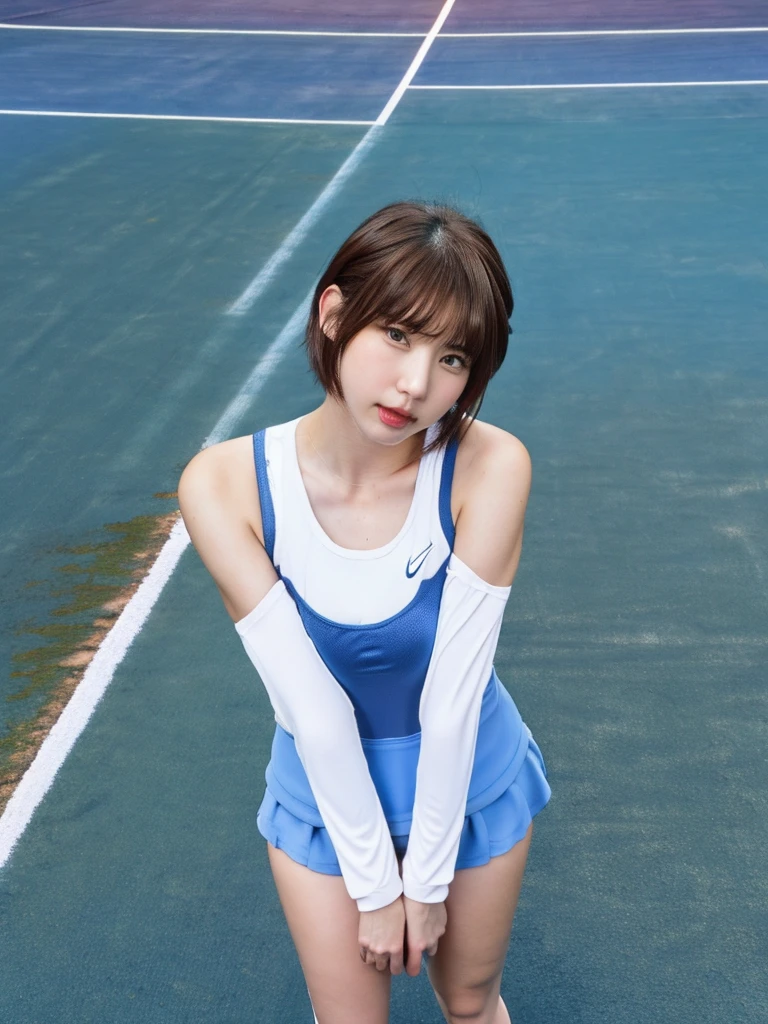 highest quality, Photorealistic, Very detailed, finely, High resolution, 8K Wallpaper, Professional, High level of detail, ((One 18 year old girl:1.2)), Slender Japanese women,cute lips, (Long eyelashes:1.2)、Detailed clavicle, Mid-chest、Perfect Face, (Cute short bob hair:1.5), Chestnut Hair、Cute face、(Tennis Wear:1.5)、(Sexy poses on the tennis court:1.2)、perfect body style、(Full body shot from knees to head:1.5)、Nipples, realistic