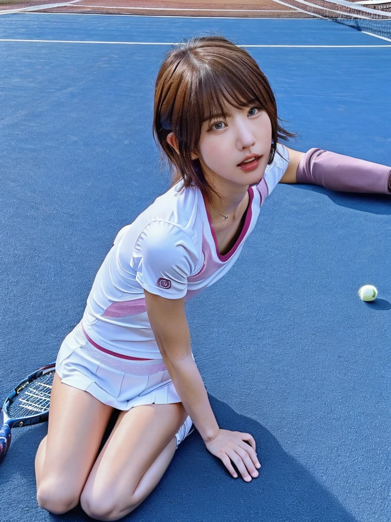 highest quality, Photorealistic, Very detailed, finely, High resolution, 8K Wallpaper, Professional, High level of detail, ((One 18 year old girl:1.2)), Slender Japanese women,cute lips, (Long eyelashes:1.2)、Detailed clavicle, Mid-chest、Perfect Face, (Cute short bob hair:1.5), Chestnut Hair、Cute face、(Tennis Wear:1.5)、(Sexy poses on the tennis court:1.2)、perfect body style、(Full body shot from knees to head:1.5)、Nipples, realistic