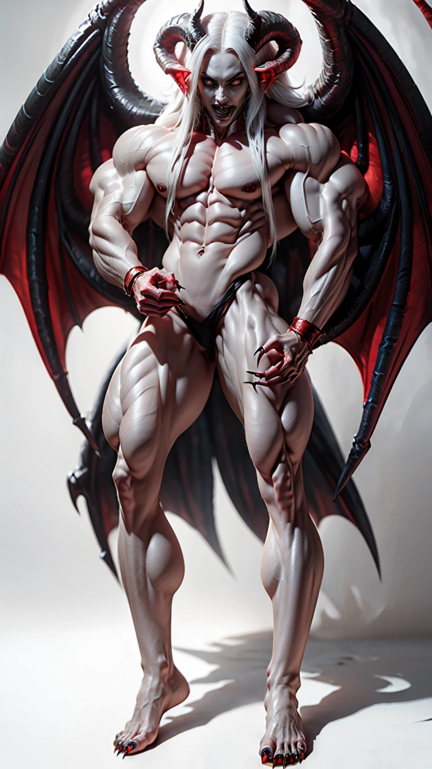 (megan fox), ((((((1 muscular demon girl)))))), (((huge upper body))), long hair, ((((huge demon wings))), (((pale skin))), (((sharp teeth, Huge horns, large nails))), navel, ((((full body front view)))), (((perfect hands, perfect fingers))), (((black empty background)))