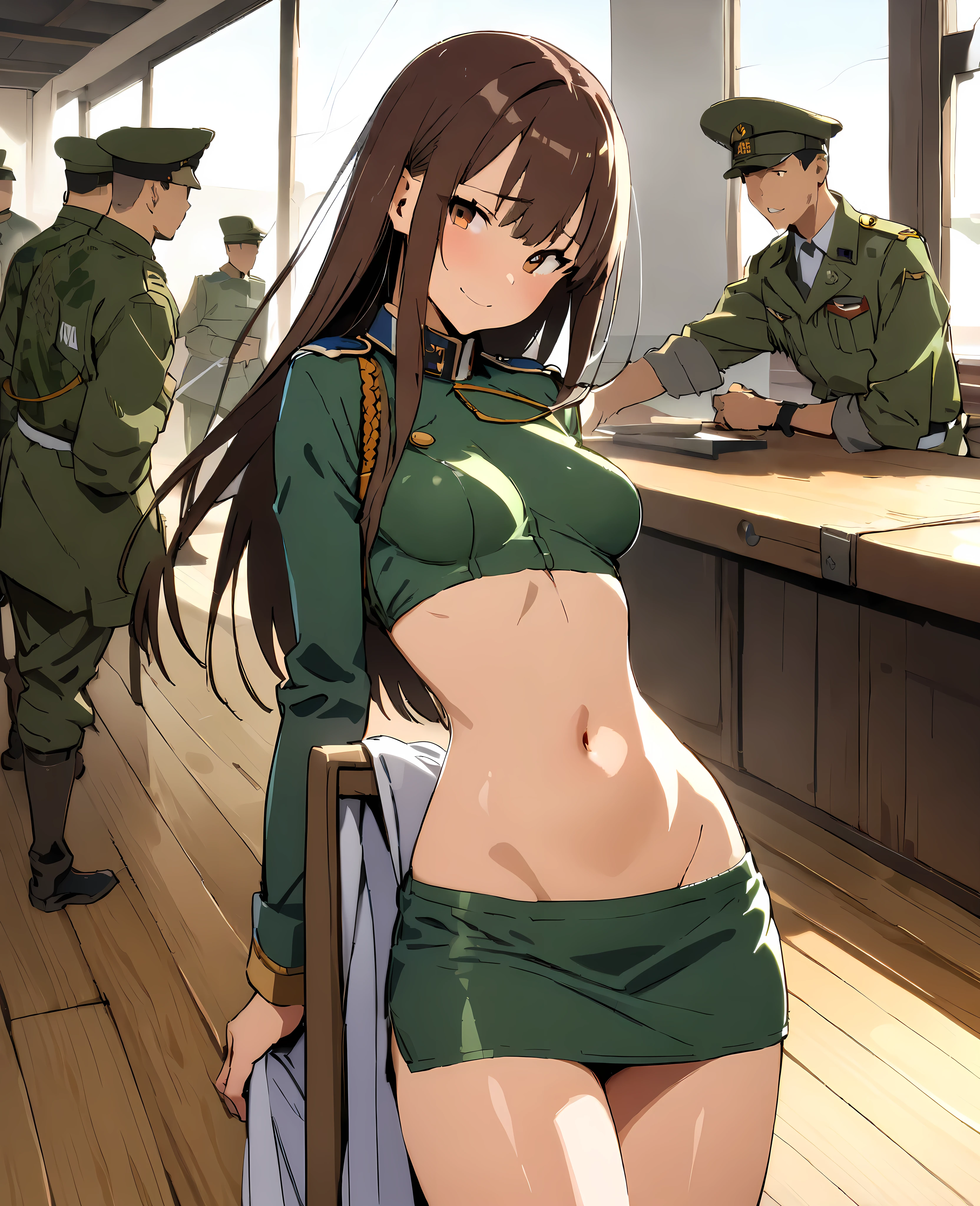 (((masterpiece, highest quality:1.5,absurdres))),20 year old beauty,solo,((very small head)),long hair,bangs,dark brown hair,brown eyes,shy,smile,medium breasts,((very long body)),((toned body:1.2,slender body)),skinny,gleaming skin,shiny skin,((Army infantry uniform、saber、Tight mini skirt)),army base、taisho steampunk、Japan in the Taisho Period、Takeda Hiromitsu style,