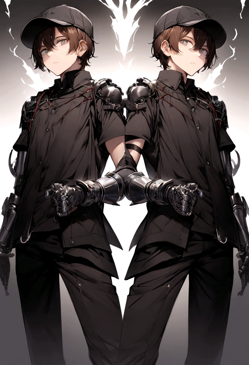 Male, brown hair, ager, wearing a hat, black pants, black shirt, wearing black gloves, gray eyes, prosthetic arms.