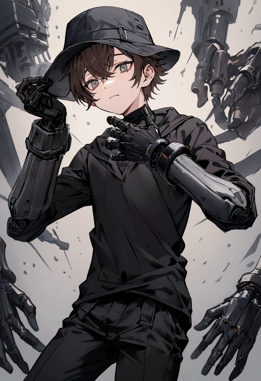 Male, brown hair, ager, wearing a hat, black pants, black shirt, wearing black gloves, gray eyes, prosthetic arms.