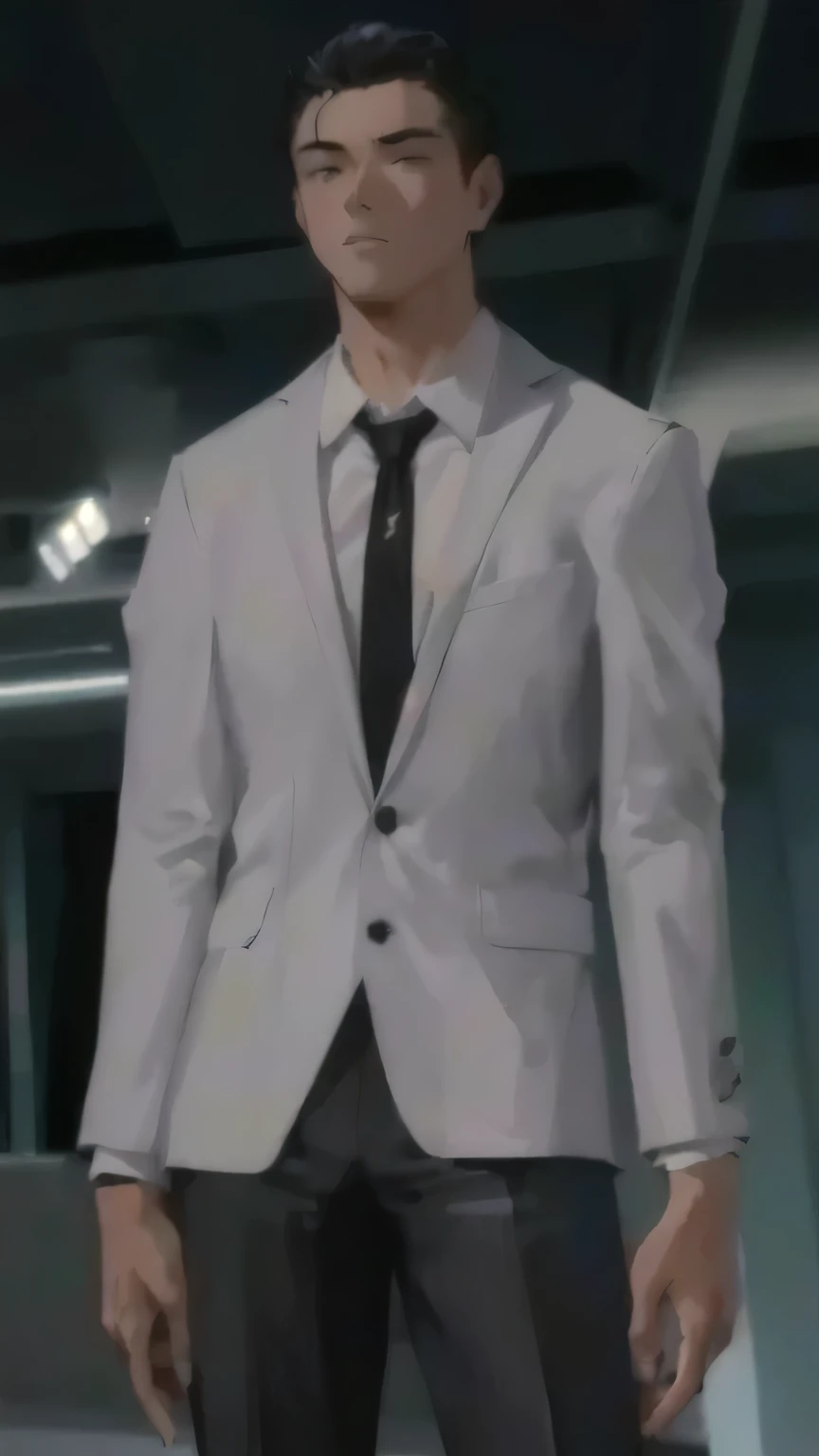 A cartoon character in a suit and tie is standing in the corridor, Professor Clothes, he is wear a suit, Full body details, Full body photo super detailed, Theme Details: wear a suit, Full body details, Wearing worn-out clothes, Full body close-up, Detailed clothing, Full body close-up, stylish suit