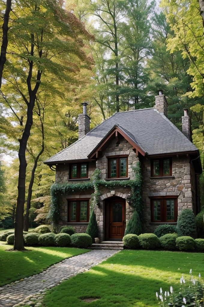 Beautiful cozy fantasy stone cottage in a spring forest aside a cobblestone pattone and feel, hyper realistic.
