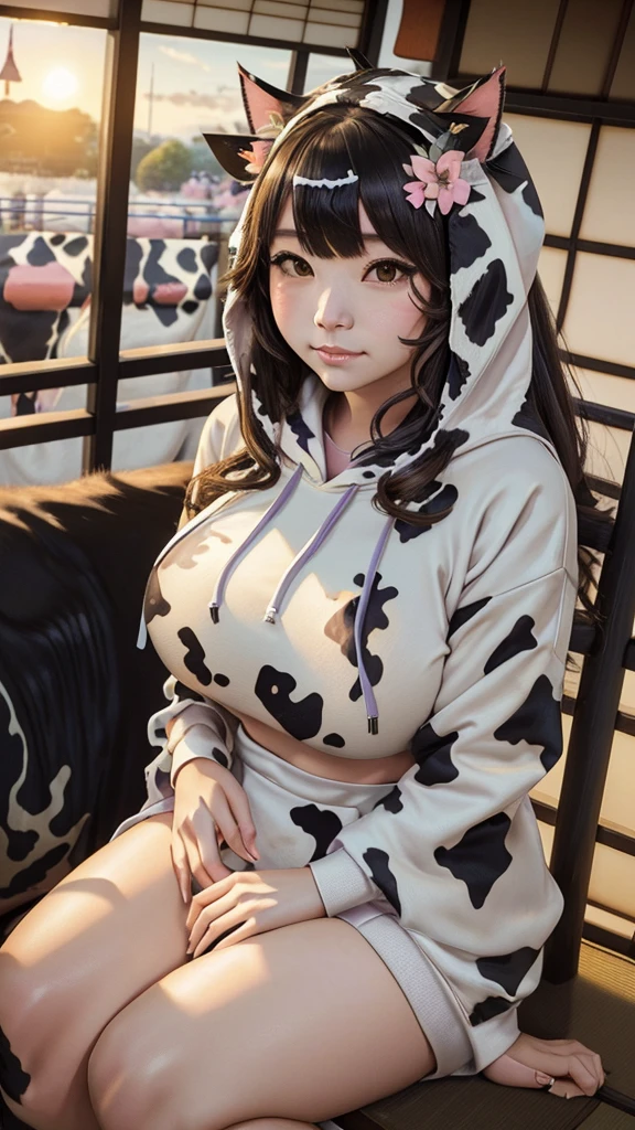 Masterpiece, bokeh, 4K, Beautiful high school girl, (Japanese idle:1.6), (cow pattern Hoodie:1.3), (Cat ears:1.3),  (Big cows:1.6), sundown rooftop