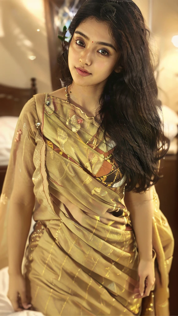 full body shot, full body, best quality,32k high res, masterpiece, ultra-detailed, realistic,photorealistic,photo-realistic:1.37, beautiful face, cute face mesh, pretty face mesh, sharpen, detailed face, detailed eyes, detailed lips, fair skin, realistic textures:1.3, detailed skin texture, cinematic shot, atmospheric lighting, Photorealistic, Hyperrealistic, Hyperdetailed, detailed saturated skin, soft lighting, subsurface scattering, centre composition, 8k, golden ratio, Intricate, award winning photography, soft focus, dynamic abstract background, 20 years old, beautiful Indian babe:1.1, realistic full body beautiful indian woman in a bed of flowers in saree, yellow with black flowers on it perky breasts, cleavage, moist cloud.