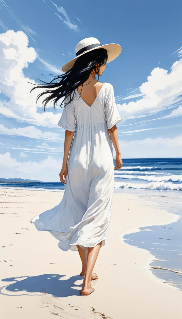 Transparent needle pen ink painting,Fine white sand rendering,Messy simple strokes,Looking towards the sea,barefoot.Full body picture,Blue sky and white clouds,Facing the sea with small waves,A girl with flying hair,long black hair,Wearing a hat to reveal half of the face.Real person presents minimalist style .White thin shoulder V-neck low-cut dress,