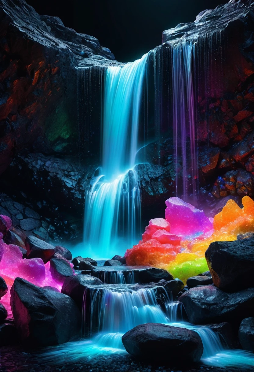 surrealism,lumining colored rocks abstract 3d object holographic neon back light,waterfall of luminous paint,dusts,a lot of small bubbles,small elements,cracks,crystals,lumining elements,well -developed details,absolutely black background,hyper realistic picture,8k,photo,depth of field,the background is blurred,neon lights,