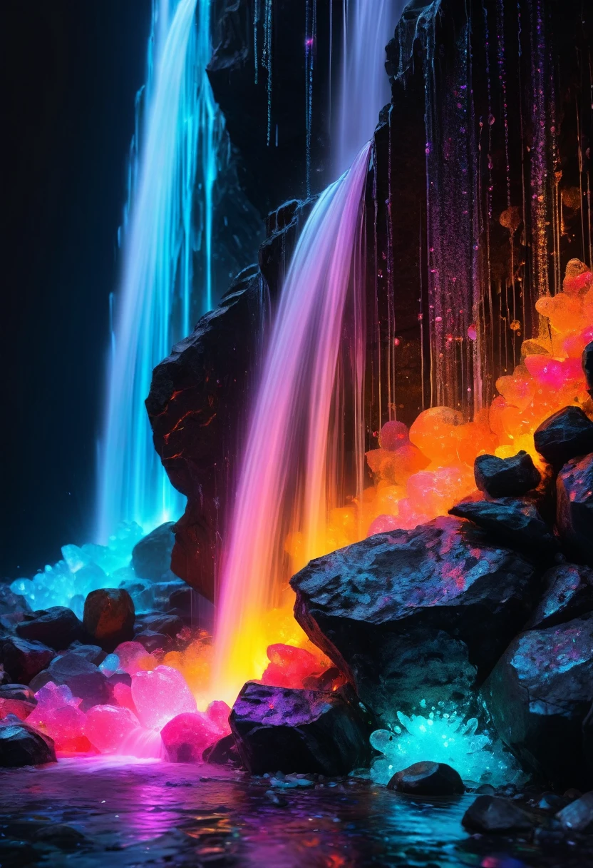 surrealism,lumining colored rocks abstract 3d object holographic neon back light,waterfall of luminous paint,dusts,a lot of small bubbles,small elements,cracks,crystals,lumining elements,well -developed details,absolutely black background,hyper realistic picture,8k,photo,depth of field,the background is blurred,neon lights,