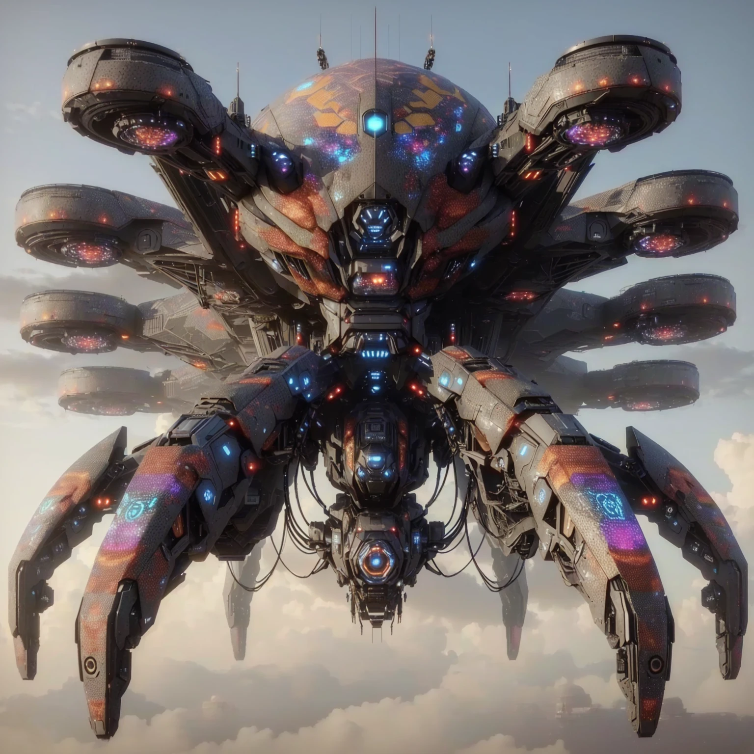 there is a giant spider that is flying in the sky, greg beeple, 3 d render beeple, arstation and beeple highly, sci-fi highly detailed, beeple artwork, style hybrid mix of beeple, beeple rendering, beeple. octane render, sci-fi digital art