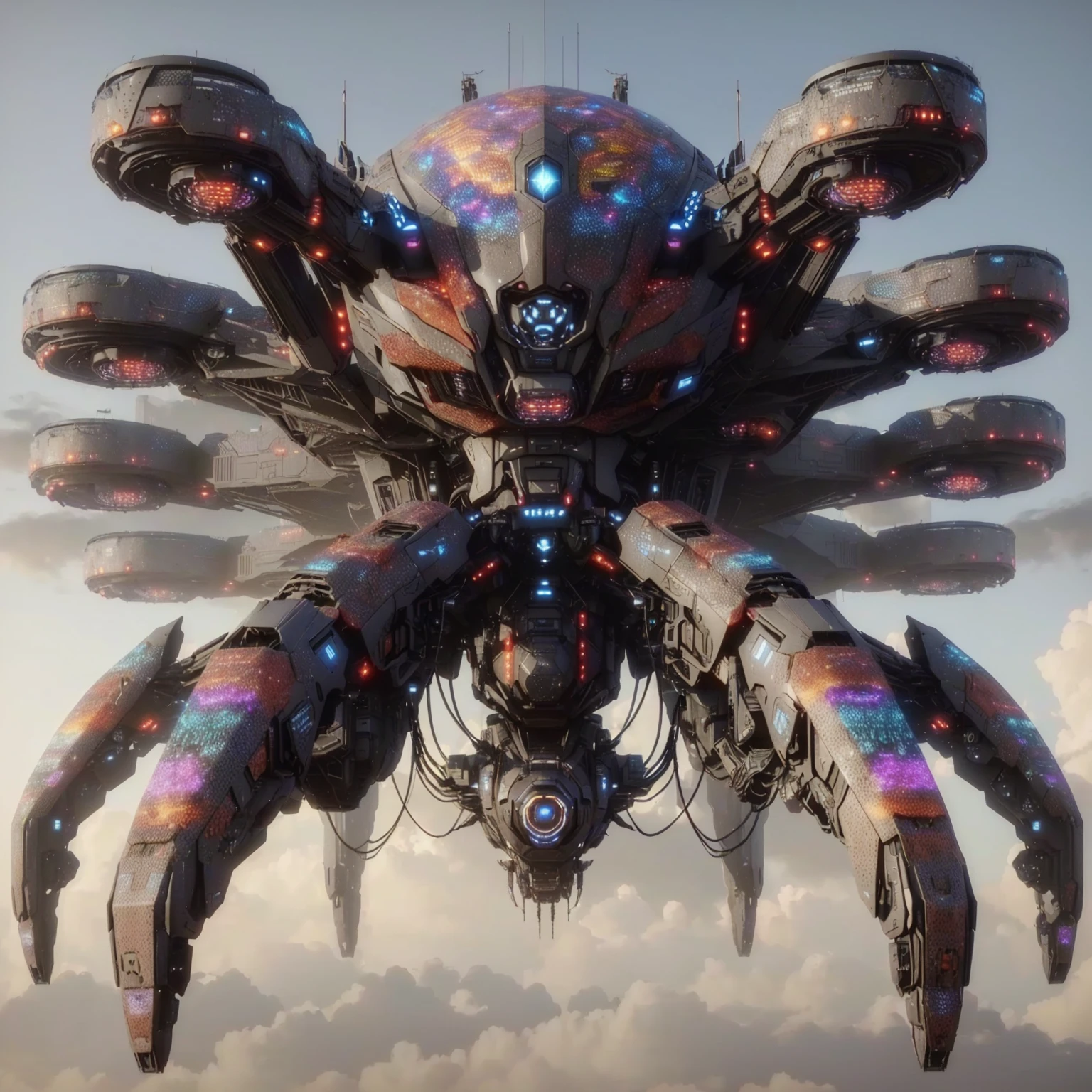 there is a giant spider that is flying in the sky, greg beeple, 3 d render beeple, arstation and beeple highly, sci-fi highly detailed, beeple artwork, style hybrid mix of beeple, beeple rendering, beeple. octane render, sci-fi digital art