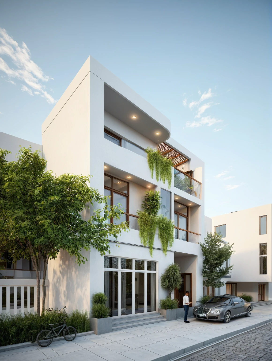 modern villa, modern style, exterior design, perspective view, white wall, (block sidewalks and asphalt roads), (next door neighbor's house), (sun light sky background), Low trees around the house, overall peaceful atmosphere cinematic photo, (Neutral lighting is suitable for the modern villa, light color thermometer sun light 5500 KEVIN), (architectural design visualization), (reflection), (focus on object), (material normal bump real reflection), (scattered light), (light ray), (multi-beam light), (sunbeam) (multi-level reflection), (chao vantge software visualization render),(((Best Quality))), ((Masterpiece)), ((best illustration)), ((best shadows)), ((Super Detail)), (Intricate lines), (Photorealism),(hyper detail), ((archdaily)), ((award winning design)), (dynamic light), ((day)), (perfect light), (shimering light), ((photorealistic)), ((intricate detail)), ((extreme detail)), ((science)), ((hyper-detail)), ((super detail)), ((super reality)), ((crazy detail)), ((octane render)), ((Cinematic)), ((trending on artstation)), ((High-fidelity)), ((Viwvid)), ((Crisp)), ((Bright)), ((Stunning)), ((Eye-catching)), ((High-quality)),((Sharp))((Bright)), ((Stunning)), Natural, ((Eye-catching)), ((Illuminating)), ((Flawless)), ((High-quality)),((Sharp edge render)), ((medium soft lighting)), ((photographic render)), ((detailed archviz)), Sunlight shines into the house, reality environment, spring setting, tropical style space, Aluminum gates, balcony doors, modern townhouse design windows